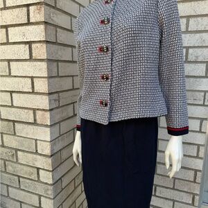 St. John Collection Navy & Ivory Patterned Blazer with Red Trim